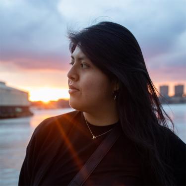 A woman standing in front of a sunset.