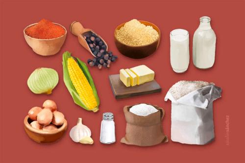 An illustration of the ingredients for corn fritters.