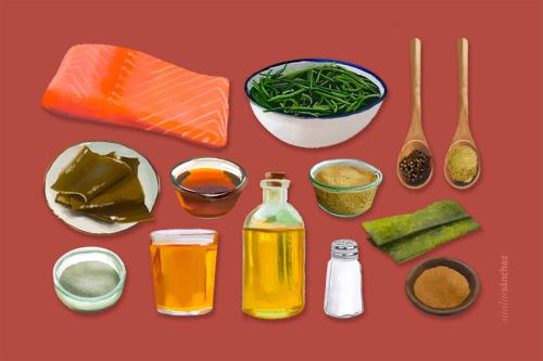 An illustration of the ingredients for Pan-Seared Salmon with Kombu and Foraged Vinaigrette.
