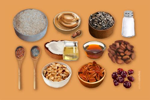 An illustration of the ingredients for Cacao Amaranth Protein Bars.