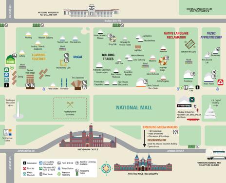 Illustrated map of Folklife Festival grounds on the National Mall. Most tents and venues are between 12th Street and 7th Street, just south of Madison Drive and the National Museum of Natural History.