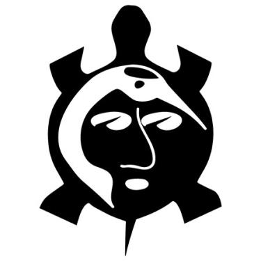 Black logo shaped like a turtle with white designs on the shell of a crane head, two lilypads, and lines to look like a human face.