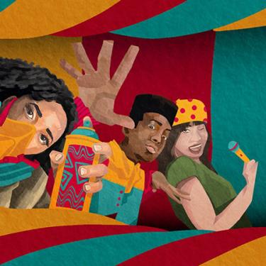 Illustration of a graffiti writer, b-boy, and rapper on yellow, red, and turuoise background.