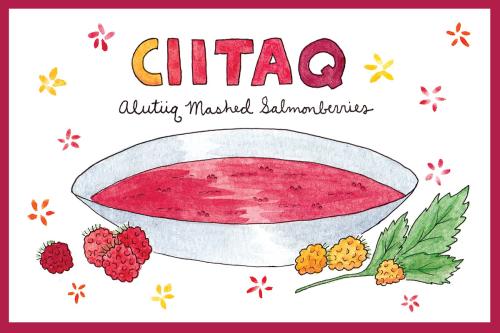 Watercolor illustration of a shallow bowl full of a red soupy mixture. Around the bowl are individual salmonberries in hues from yellow to deep red.