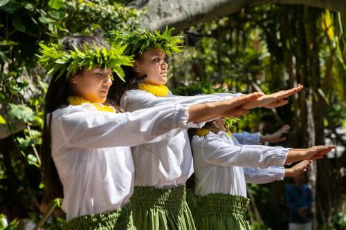 A line of hula performers dance on stage with hands stretched out in front of them, all wearing matching white blouses, green skirts, yellow leis, and leafy crowns.