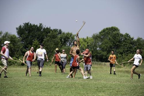 A group of people play lacrosse on a green field, with one shirtless player about to connect with the ball midair.