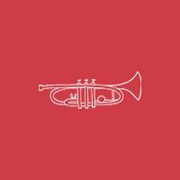 Illustrated trumpet in a red circle.