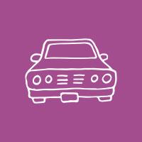 Illustrated lowrider car in a purple circle.