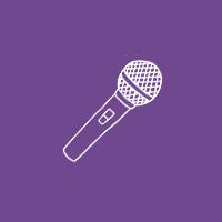 Illustrated microphone in a dark purple circle.