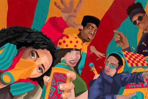 Illustration of five people on a striped orange, red, and teal background: a person with spray can and respirator mask, a person singing with a microphone, a dancer, a DJ on turntables, and a personin black shades pointing a finger. 