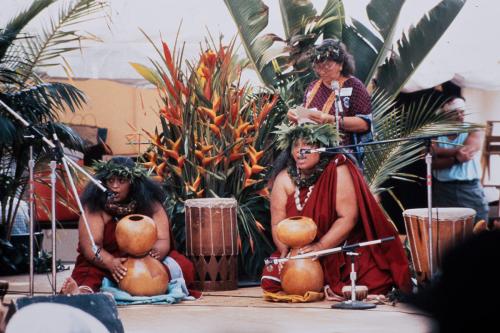 Two people sit on a stage wearing red hula regalia and holding ipus, Hawaiian percussion instruments made of gourds. Behind them stand large colorful plants and another person standing at a microphone.