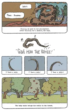 Panel 14: The baby snake, still teary, faces a much larger coiled snake on a red rug with a tapestry of a treed landscape behind her. The larger snake says, Well. The baby snake says, Please... Grandma... Text: Finally, he goes to his grandmother. After t