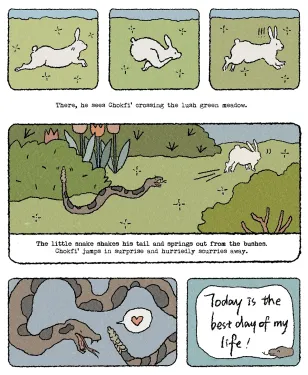 Panels 20, 21, 22: a white rabbit runs through the grass, then looks shocked. Text: There, he sees Chofki' crossing the lush green meadow. Panel 23: The snake bares his teeth and shakes  his rattle at the rabbit as it flee. Text: The little snake shakes h