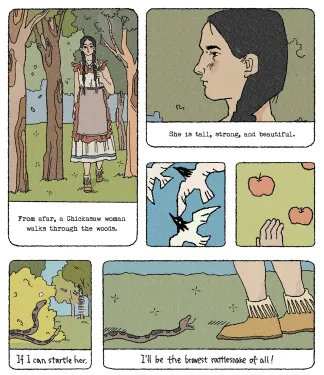 Panel 33: A woman with long dark braids, a white dress and apron with red fringer, and fringed moccasins walks among the trees. Text: From afar, a Chickasaw woman walks through the woods. Panel 34: Closeup on the woman's face. Text: She is tall, strong, a