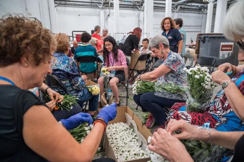 In a large room with exposed pipes, a group of seated people process bunches of white and yellow flowers by hand.