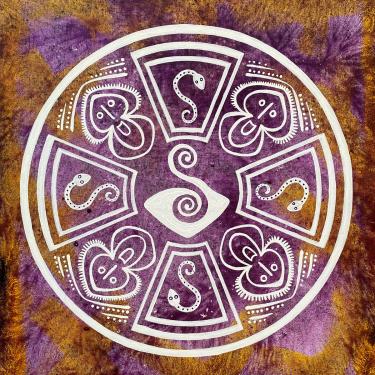 Illustration in white on a swirled orange and purple background, depicting a pattern of stylized snakes and snails inside a circle.