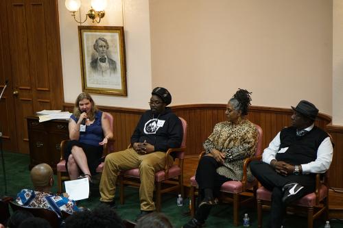 Katy Otto, Infinite, Elise Bryant, and Ras Lidj take part in a discussion panel moderated by Vance Levy