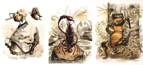 Three paintings side by side, each in a muted, earthy color palette. On the left, an anthropomorphized rock plays flute for a passing butterfly. Middle: A red crawfish stands upright on its back legs and does a big on a rock, surrounded by water. Right: a