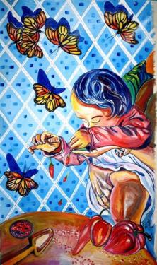 Painting in vibrant colors of a young girl holding two small red chili peppers in her hands, with other chili peppers in various states of food preparation on a table in front of her. Orange monarch butterflies fly around her. 