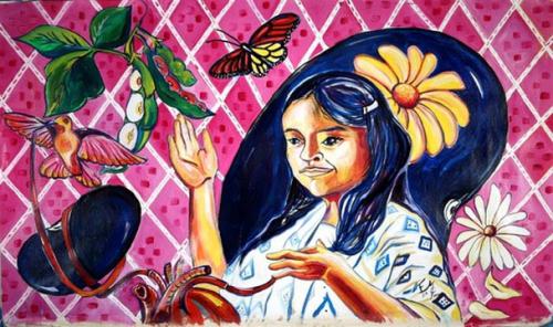 Painting of a teen girl with long dark hair on a pink background. She touches one finger to a red human heart, which connects her to a pink and orange hummingbird in flight. 