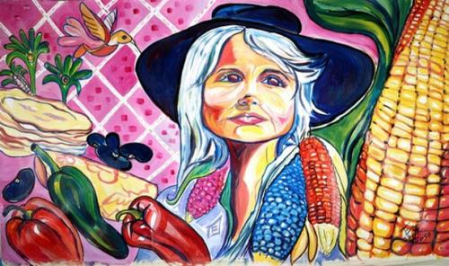 Painting of a woman with a black brimmed hat over gray hair, with various colors of ears of corn, chili peppers, and a hummingbird levitating around her.