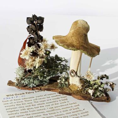 An arrangement of dried flowers, moss or lichen, and what appears to be a brown-capped mushroom on a piece of brown bark. Below it, printed text with the title: Wild Ozark Fairy Swing.