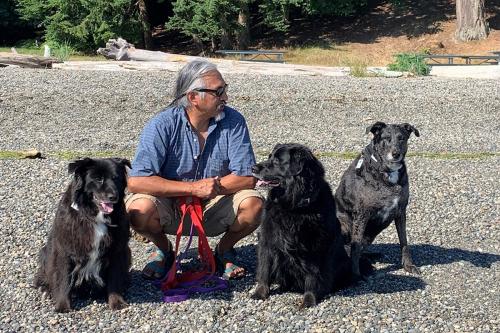 A man in a blue shirt squats on a gravel ground with three black dogs next to him.