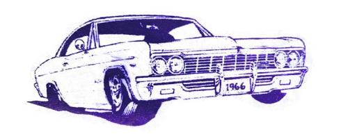 Purple line drawing of a classic car that is lifted on one side. The license plate reads 1966.