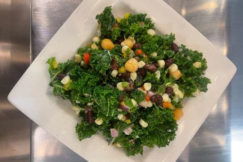 Square plate of green salad with beans, chickpeas, purple onion, and chopped red pepper.