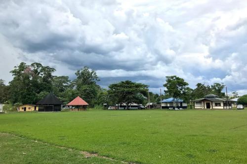 Small homes and huts along a grassy field with trees in the background.