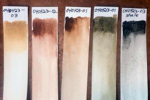 On a circular glass plate, a smooth, brown, oily substance is ground with a clear glass pestle.