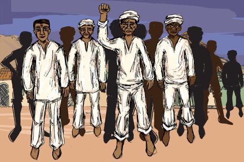 Illustration of African Muslim men standing in solidarity, wearing traditional all-white outfits, one with his fist raised.
