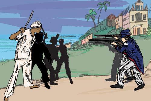 Illustration of African Muslim men in combat with white Brazilian colonizers