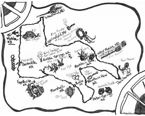 Hand-drawn map with reel-to-reel tapes drawn in two opposite corners. The map includes city names: Eureka Springs, AR; Mountain Home, AR; Marshall, AR; Springfield, MO; Wheatland, MO, as well as drawings of items: a lantern, acorns, a banjo, apples, bugs,