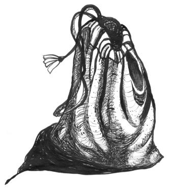 Black and white illustration of a cloth pouch.