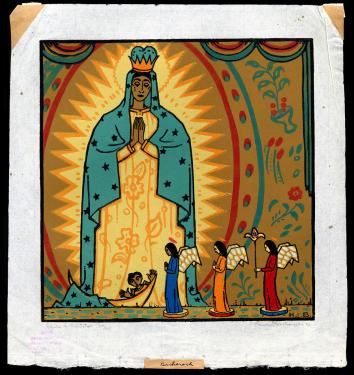 A print depicting the Virgin of Guadalupe in a blue cloak with tiny black stars as details. She has a golden yellow and orange radiating and pointy halo around her, surrounded by teal and red floral motifs. Below her stand three angels and a small child i