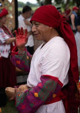 Ubaldo Sánchez wearing his ceremonial dress, including a red head wrap and huipil, greeting visitors with his red-pigment stained hand to walk over the alfombra.