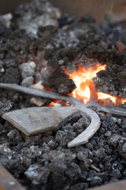 A flat, four-pronged gig sits among burning coals, glowing orange and yellow.