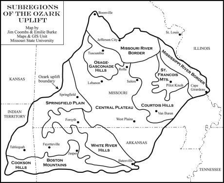 Black and white map titled: Subregions of the Ozark Uplift. Map by Jim Coombs & Emilie Burke, Maps & GIS Unit, Missourri State University. The graphic shows a region between Kansas, Missouri, and Arkansas, with major cities and geographic subregions label
