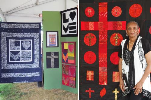 Two photos side by side. On the left: quilts with patterns of the word LOVE and a cross hung inside a tent. On the right, a woman poses next to a quilt with black background and bright red circles and large cross.