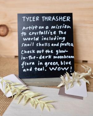 Two light green plant stems with price tags lie in front of a black chalkboard sign that says “TYLER THRASHER: Artist on a mission to crystallize the world including snail shells and protea. Check out the glow-in-the-dark moonbeam flora in green, blue and
