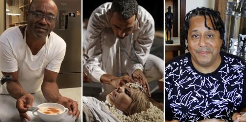 Three photos side by side: on the left, Joceval leans on a counter over a bowl of canjica, ready to eat with a spoon. In the middle, Arysen takes part in a performance piece, arranging pieces of popcorn on and around the head of a woman laying on the grou