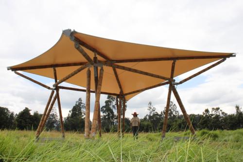 Adult under finished guadua tent, photo by and courtesy of Simon Hosie
