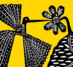 Block print of hummingbird sipping on a flower.