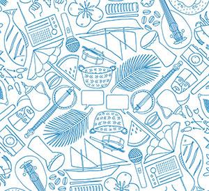 Illustration of crafts and musical instruments in mandala pattern.