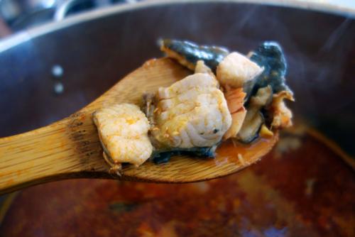 Spoonful of steaming stew. 