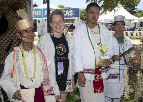 Anne Pedersen poses with Koro participants (L to R) Ramda Degio, Bhokta Newar, and Sange Mijew in the One World, Many Voices: Endangered Languages and Cultural Heritage program. Photo by Francisco X. Guerra, Ralph Rinzler Archives and Collections, Smithso