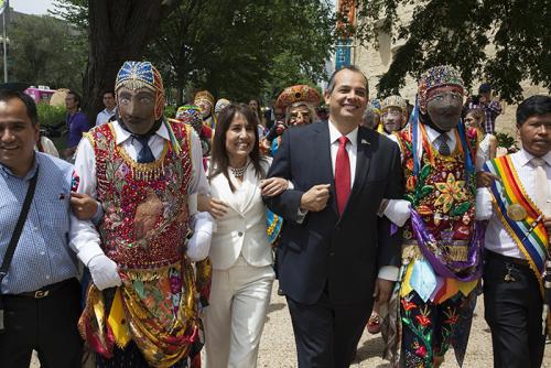 After the presentation in the theater, the Contradanza troupe from Paucartambo processed to the museum's Welcome Plaza, joined by Minister Blanca Magali Silva Velarde-Álvarez and Ambassador Luis Miguel Castilla. Photo by Brian Barger, Ralph Rinzler Folkli