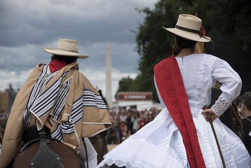 In one of the first performances of the day, the Wilde family brought their caballos de paso (Peruvian Paso horses) from Gainesville, Virginia, to demonstrate the Marinera. Photo by Evan McGurrin, Ralph Rinzler Folklife Archives