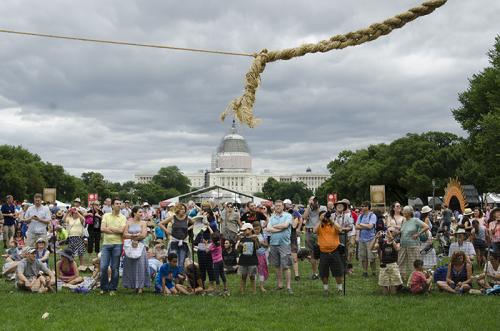 While the Peruvian American performances continued throughout the day, the Q'eswachaka bridge builders stealthily strung their first ropes across the Mall. Check back on the blog for more photos from this first day soon! Photo by Josh Weilepp, Ralph Rinzl